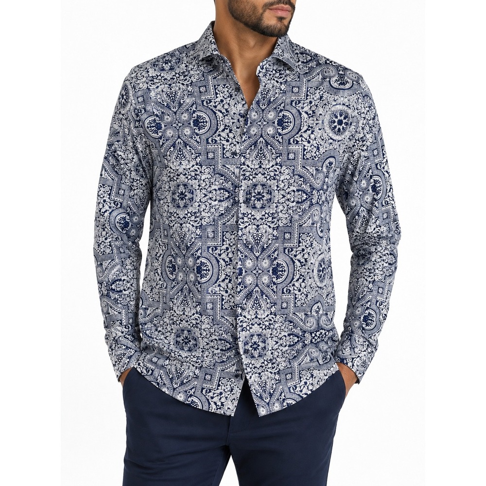 Bespoke Moda Mens Navy Blue White Baroque Paisley Medallion Button Down Shirt L
